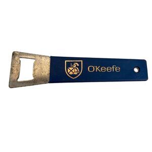 Vintage OKeefe Bottle Opener Blue With Logo & Shield Design Metal & Plastic Vtg